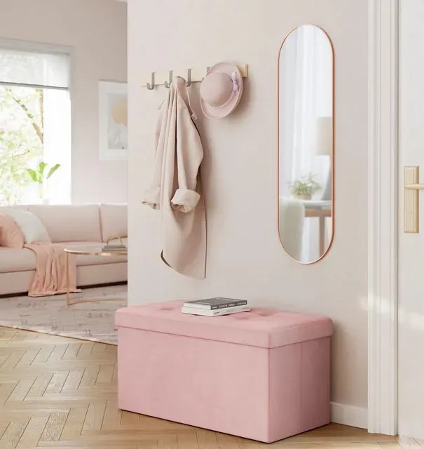 Różowa welurowa pufa pikowana ze schowkiem N0-M11