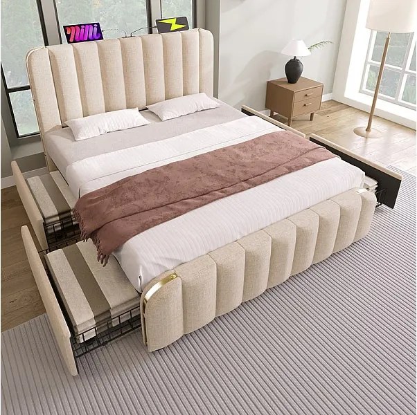 Podwójne łóżko 160x200cm w beżowym lnie, z 4 szufladami + USB i Typ C, max. obciążenie 200 kg (bez materaca)