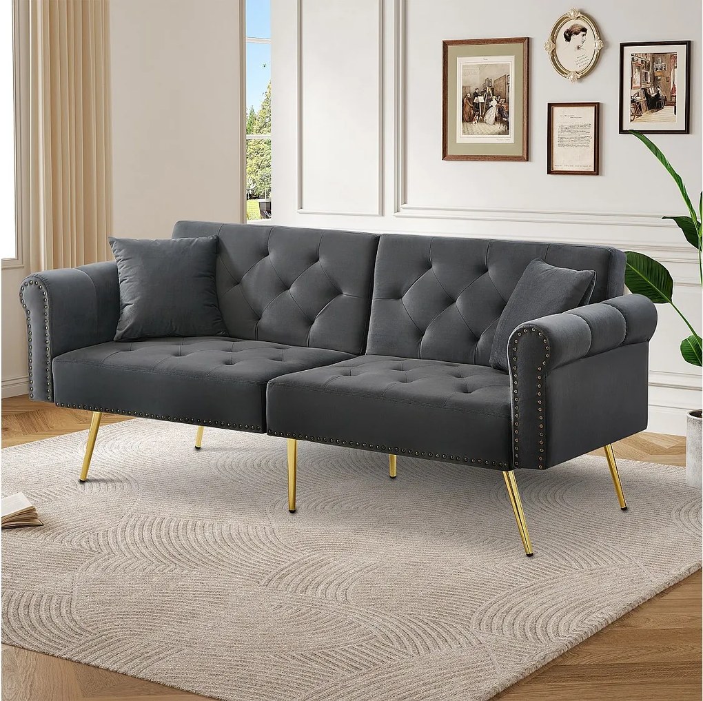 Szara sofa 2-osobowa - sofa z regulowanym oparciem i podłokietnikami - 6 metalowych nóg - do salonu i sypialni