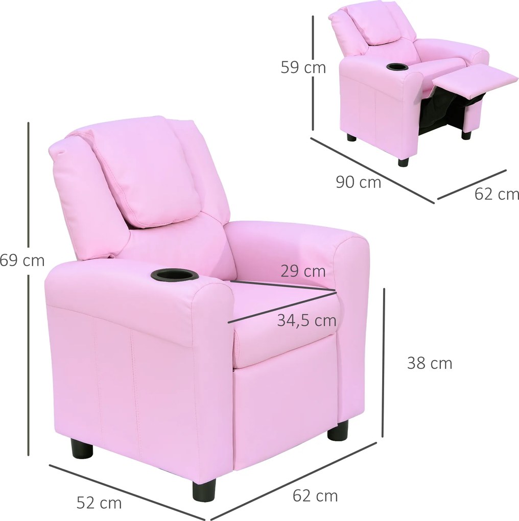 HOMCOM Fotel dziecięcy mini fotel sofa dla dzieci wiek 3-6 lat funkcja leżaka kolor różowy