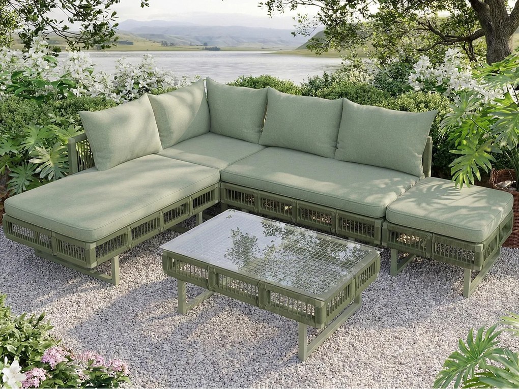 Salon ogrodowy - 4 osoby - kanapa narożna - z żelaza ocynkowanego - 1 stolik kawowy ze szkła hartowanego - podnóżek - zdobienie plecione - Zielony