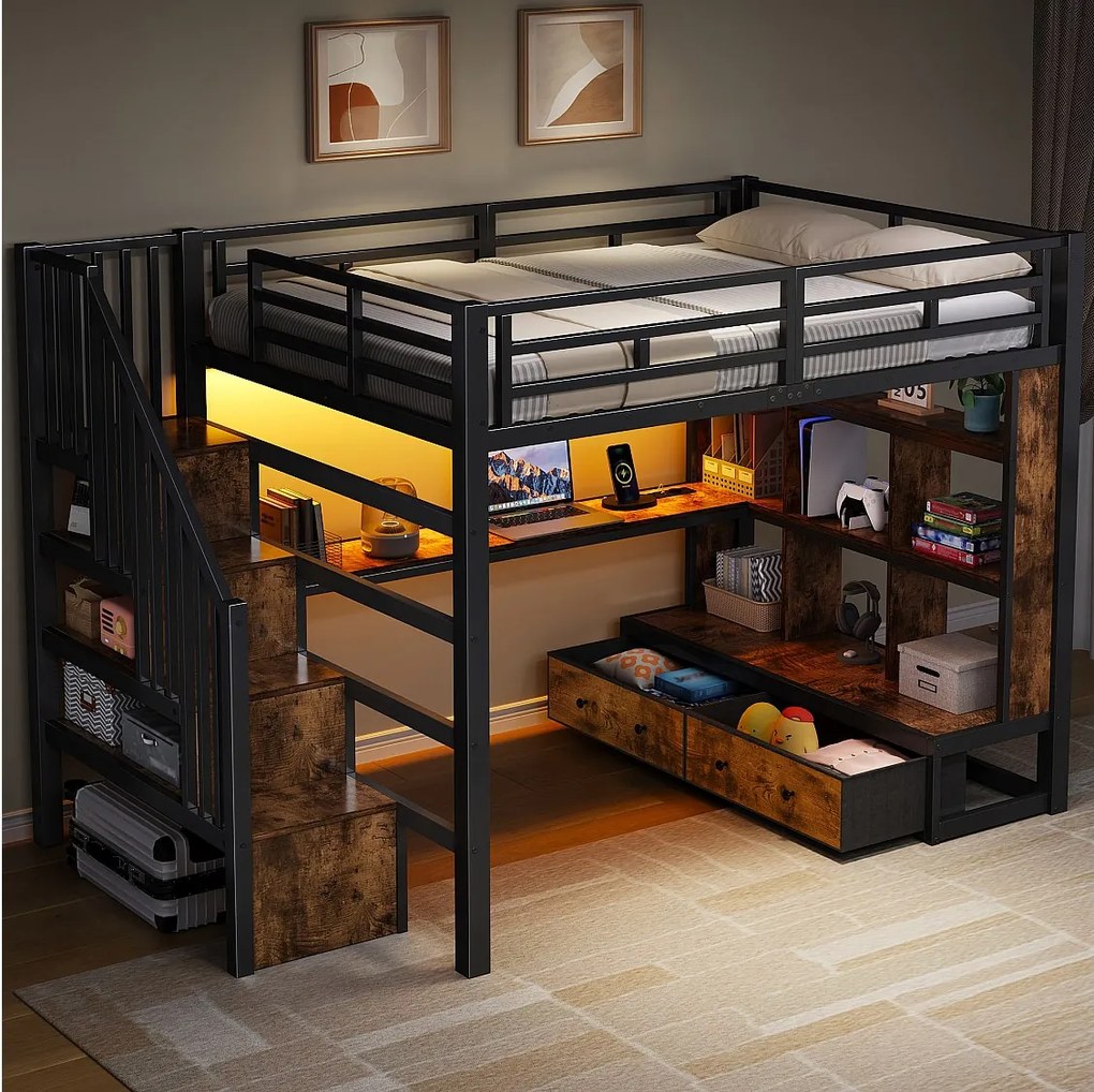 Łóżko piętrowe metalowe - 140 x 200 cm - z biurkiem + półkami + 2 szufladami + drabinką - czarne