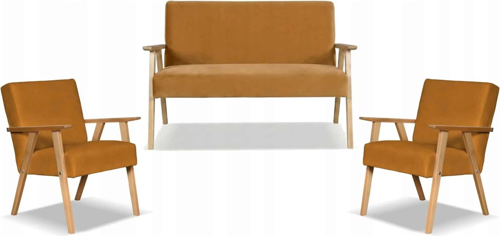 Zestaw mebli PRL retro SOLER sofa fotele Family Meble miodowy welur Hunter