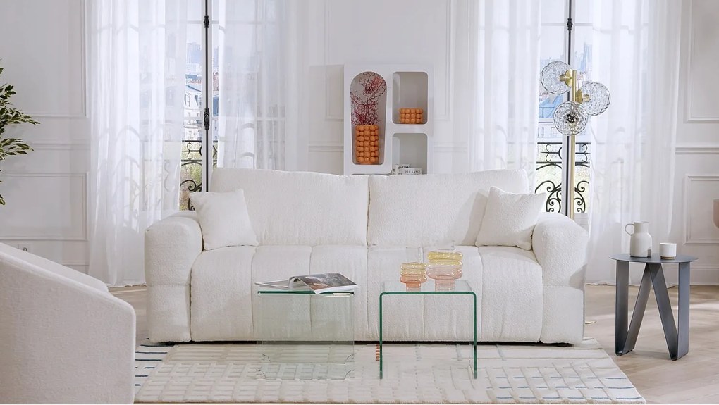 Kanapa 4-osobowa rozkładana typu express z beżowej bukli - Miejsce do spania 160 cm - Materac 16 cm - ISSORO