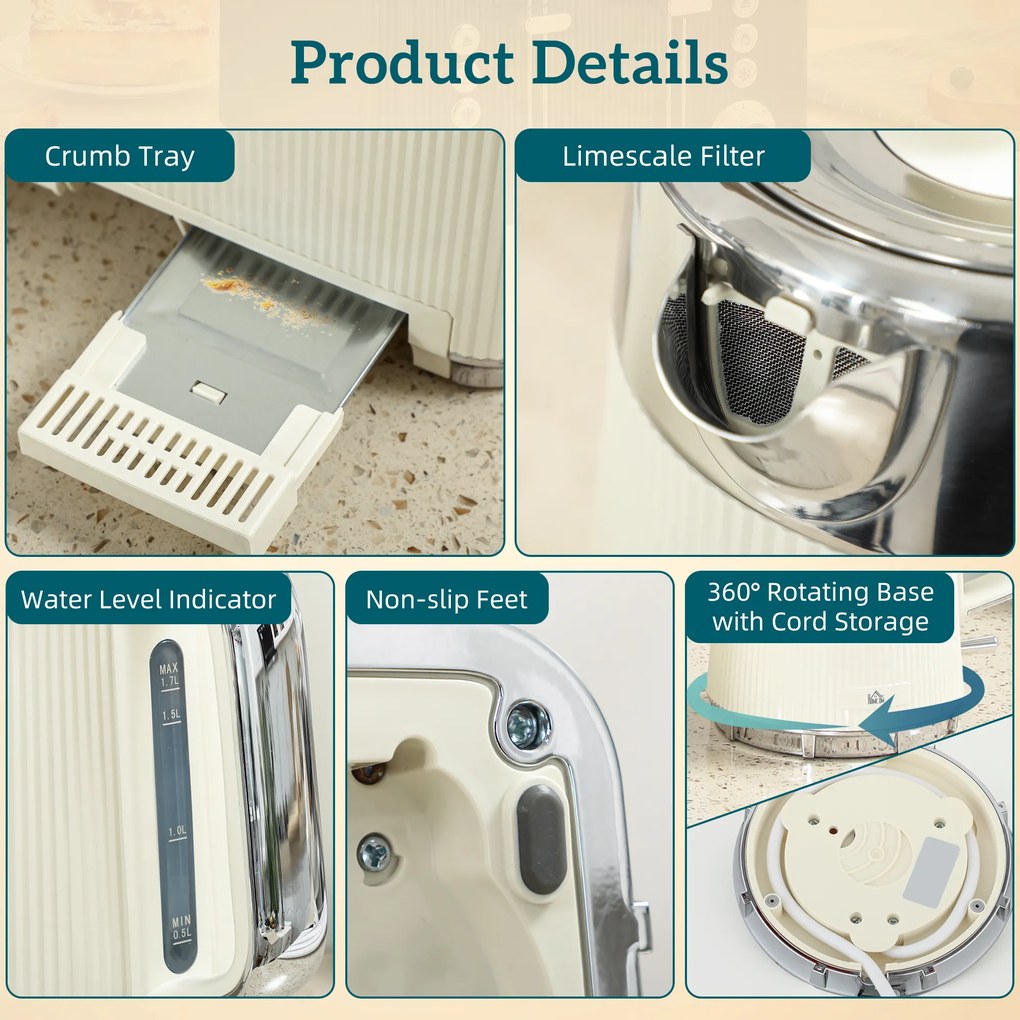 HOMCOM 2200 W, 1,7 l czajnik z funkcją szybkiego gotowania, filtrem przeciwkamiennym i 4-kromkowym tosterem z 7 stopniami zarumienienia, kremowo-biały | Aosom PL