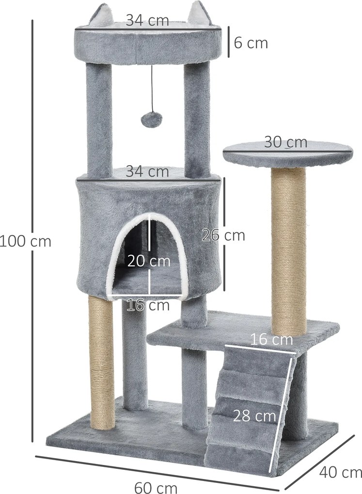 6 PawHut drapak do ostrzenia pazurów z jaskinią i drabinką 100cm wysokość drzewko do wspinaczki dla kotów w kolorze szarym | Aosom PL