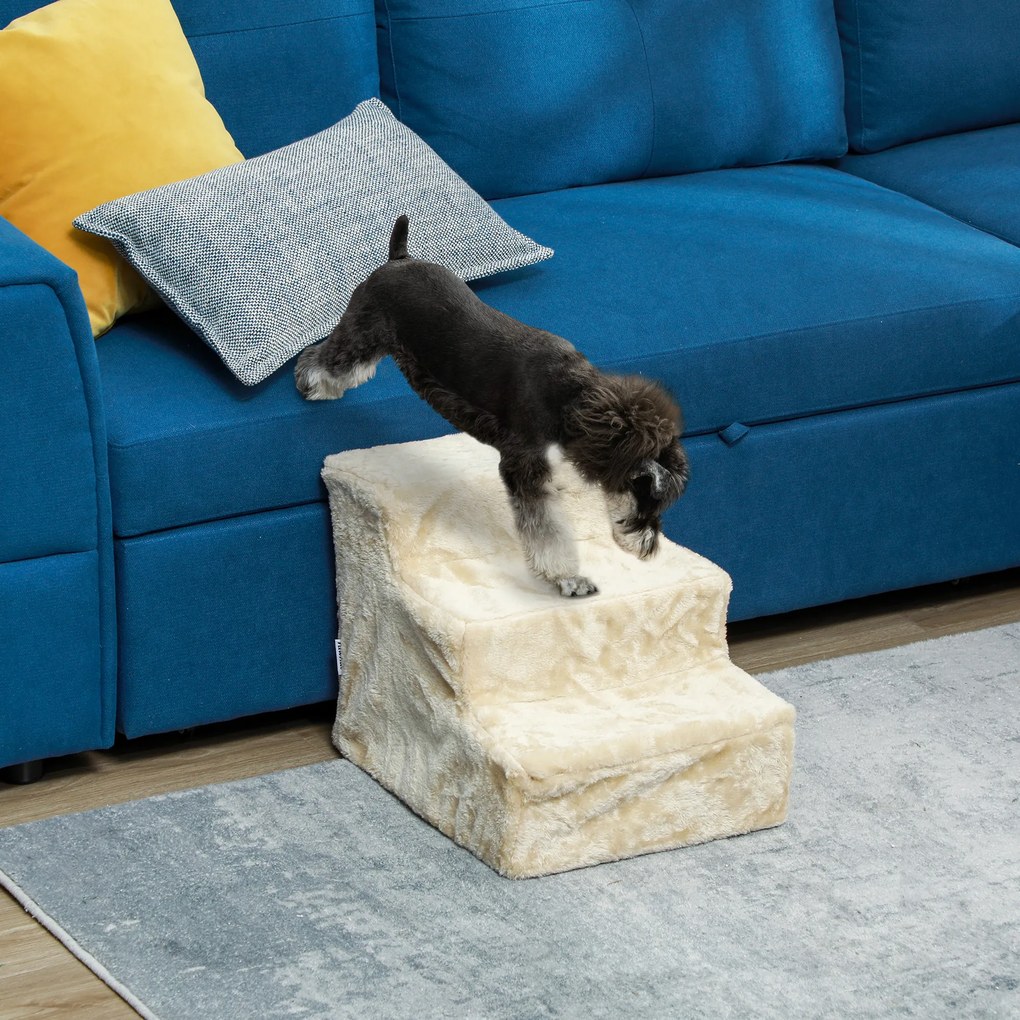 PawHut Składana Drabinka dla Zwierząt Domowych, 3 Stopnie, Pokrycie z Pluszu, Płyta Wiórowa, 46 x 35 x 35 cm, Beżowa