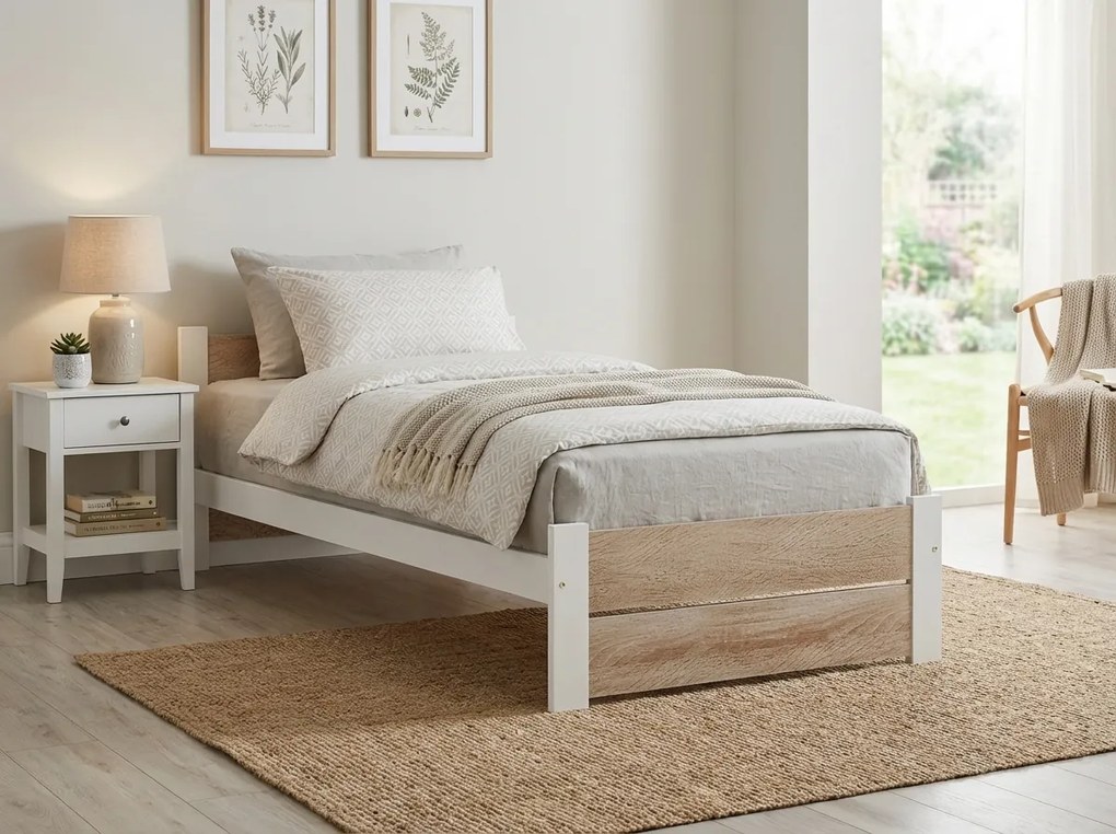 Łóżko IKAROS DOUBLE 80 x 200 cm, białe/dąb sonoma Stelaż: Ze stelażem listwowym rolowanym, Materac: Materac Deluxe 10 cm