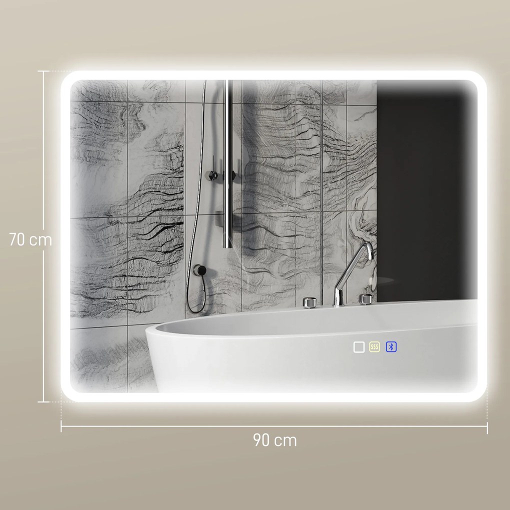 HOMCOM Lustro łazienkowe LED Bluetooth 70x90 cm podświetlane antypara głośnik 3 kolory światła dotykowe ścienne prostokątne | Aosom PL