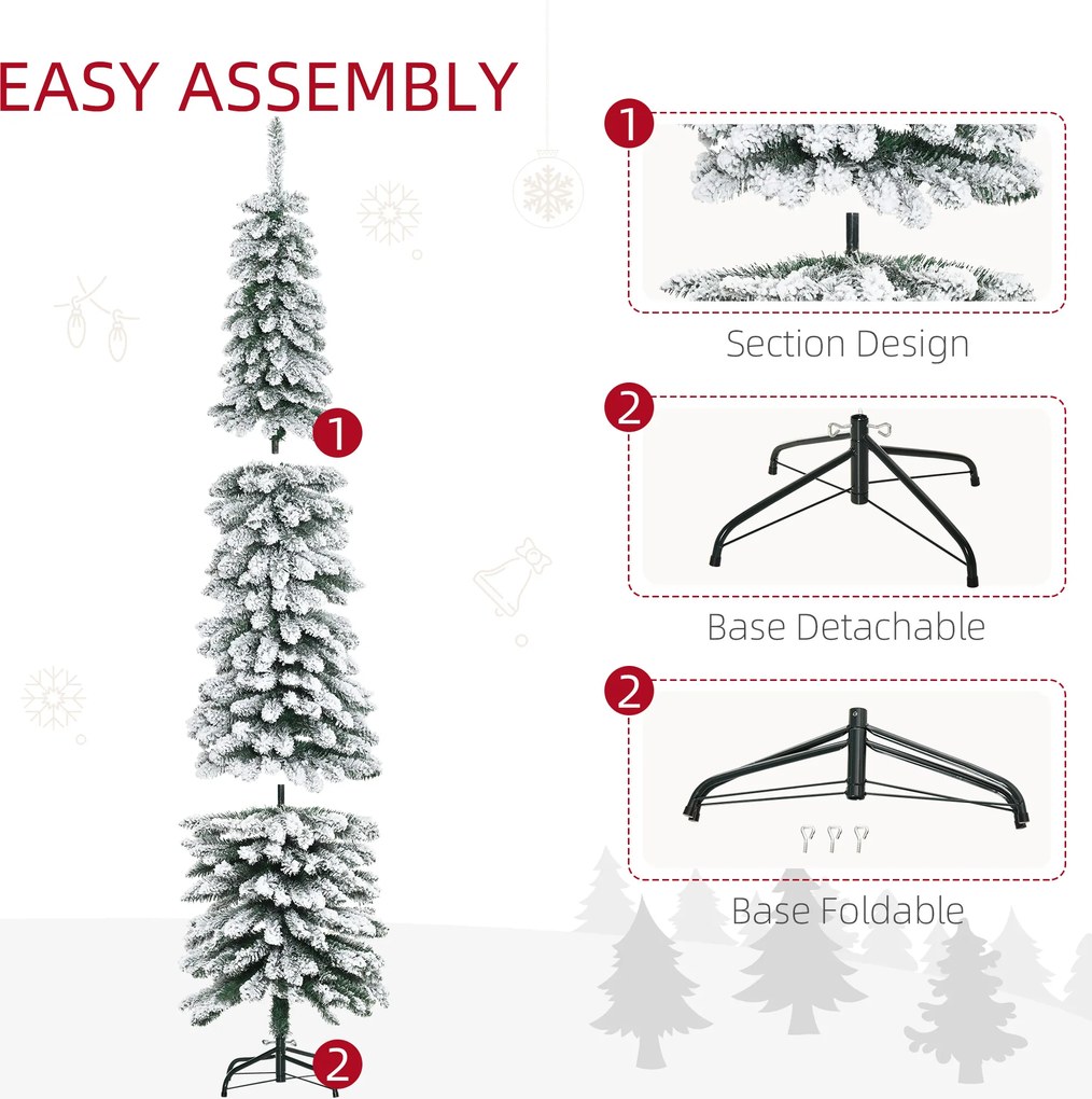 HOMCOM Sztuczna Choinka Świąteczna z Efektem Śniegu, Wąska Konstrukcja, Niepalne Gałęzie, 210 cm, Zielony/Biały | Aosom PL