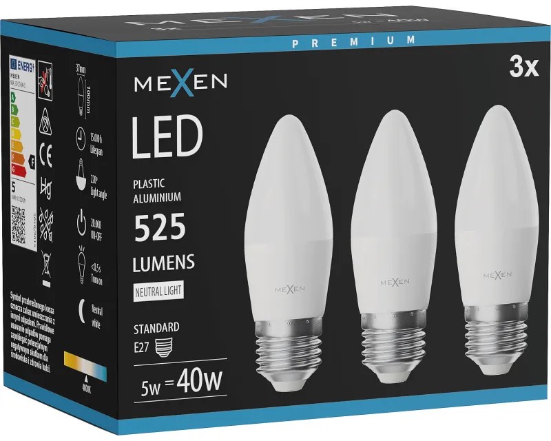 Mexen Nova 3x żarówka LED E27, C37, 5W, Neutralna - 4000K, 525 lm - L102-E27-0540-01x03
