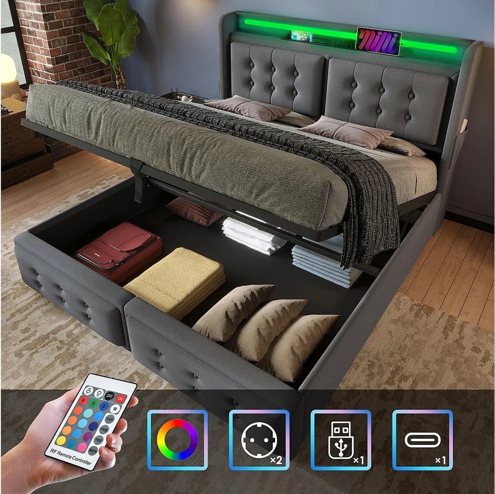 Łóżko z pojemnikiem 180 x 200 cm z zagłówkiem LED, gniazdem USB typu C - Tkanina bawełniana - Szary (bez materaca)