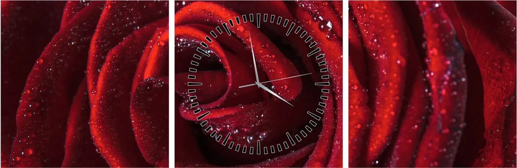 Obraz - Czerwona róża z kroplami rosy (z zegarem) (90x30 cm)