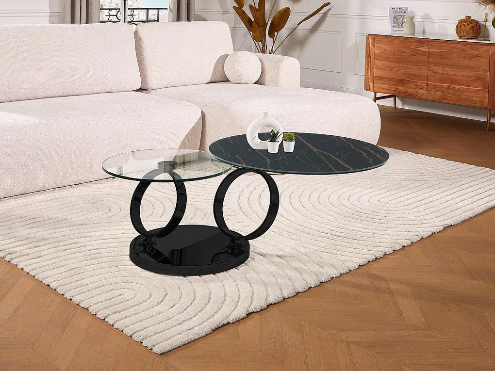 Ława JOLINE z obrotowym blatem – ceramika o wyglądzie marmuru i szkło hartowane – kolor czarny