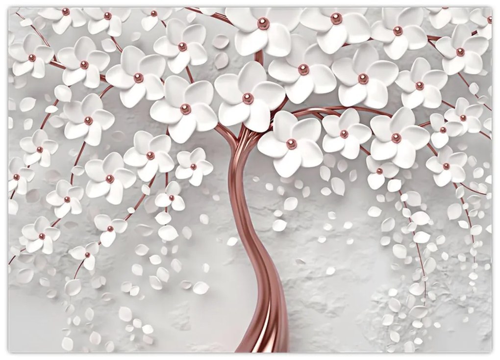 Obraz - Obraz białego drzewa z kwiatami, rosegold (70x50 cm)