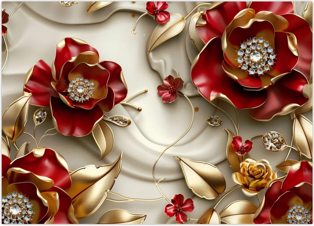 Obraz - 3D czerwono-złote kwiaty (70x50 cm)