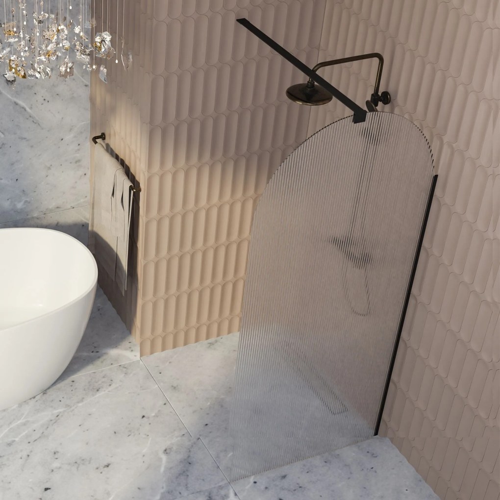 Ścianka prysznicowa WALK IN FIX przezroczysta półokrągła ryflowana 8 mm ARTE WELLE Oval Clear MASSI | Różne rozmiary : Kolor profili kabiny - złoty, Szerokość ścianki - 80 cm, Typ montażu - WALK in FIX (Do ściany)