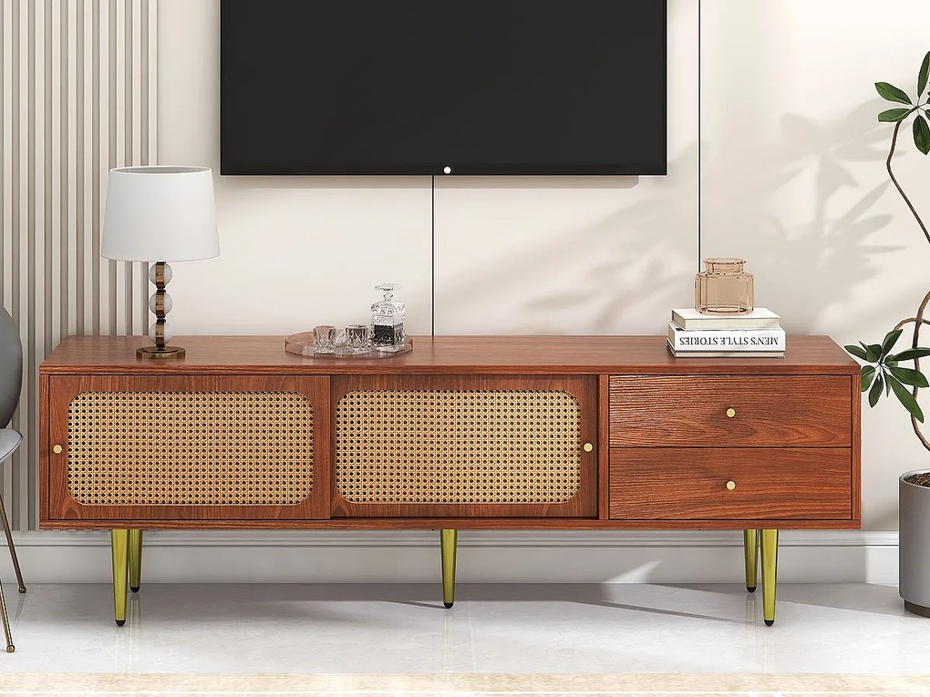Szafka RTV 160 cm z 2 szufladami i 2 drzwiami przesuwnymi - Wzór rattanowy - Drewno MDF i metal - Kolor orzecha