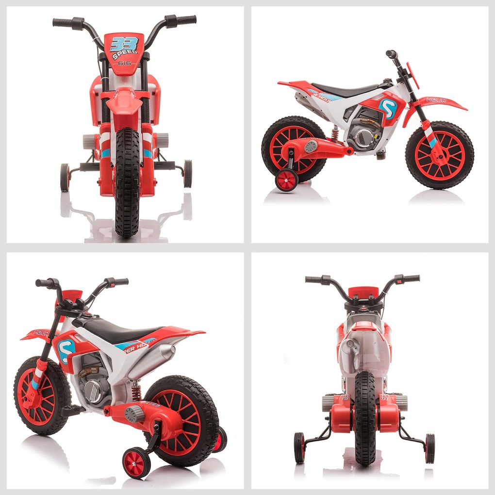 HOMCOM Motocykl Dla Dzieci, Elektryczny, 45 Minut Jazdy, z Kółkami Stabilizacyjnymi, od 3 Lat, Czerwony+Biały, 106,5 x 51,5 x 68 cm