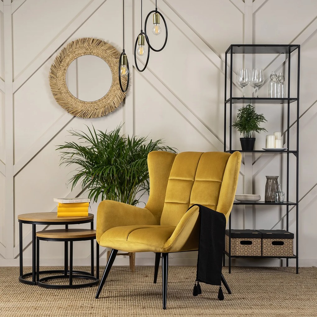 Fotel Uszak Wypoczynkowy VINCENT Musztardowy Welurowy Nowoczesny Loft