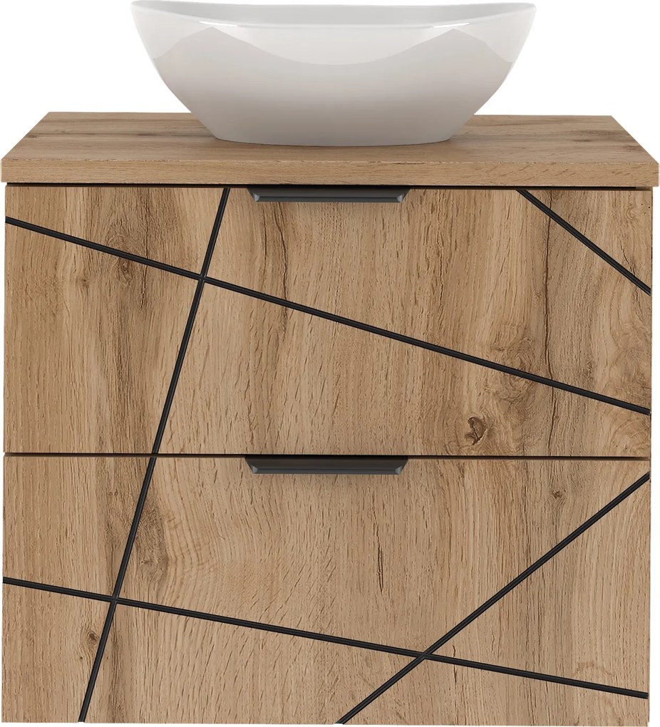 Szafka łazienkowa z nablatową umywalką Wood 02, dąb wotan, 60 cm - zestaw 2