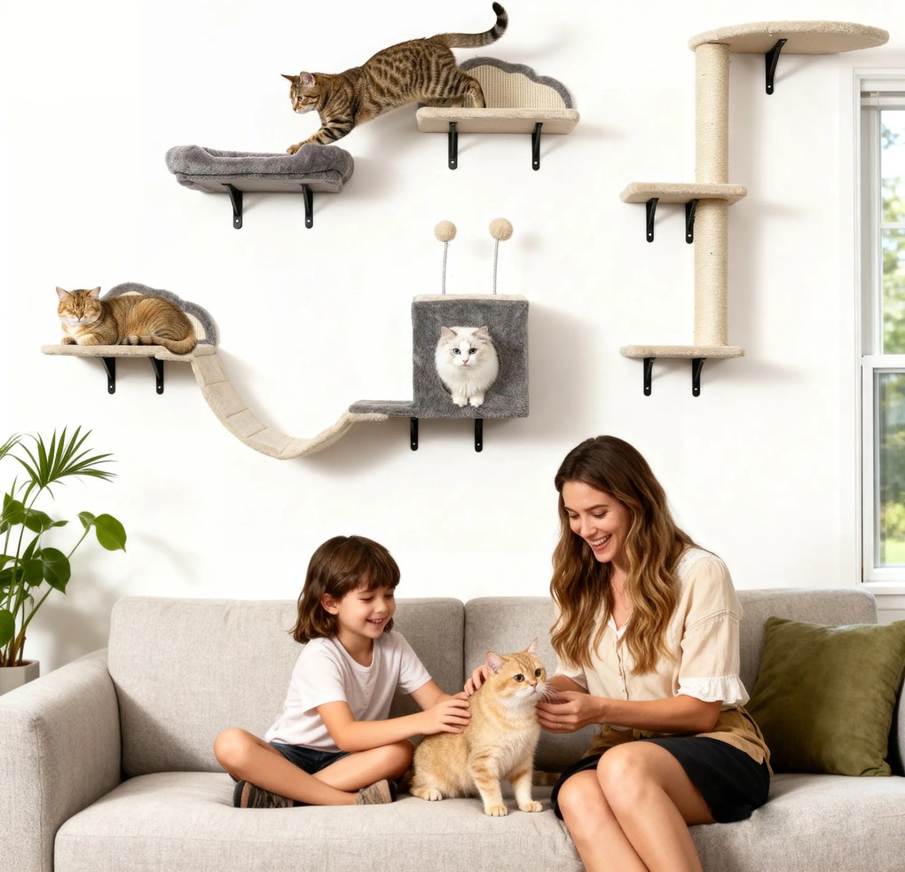 PawHut Zestaw drapaka montowanego na ścianie, powierzchnie ze sizalu, 4 części, dla 1-3 kotów, Beżowy
