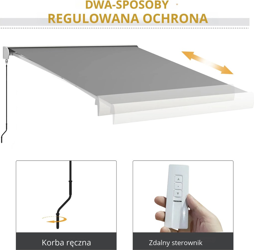 Outsunny Markiza, elektryczna/ręczna wysuwana, pełna kasetonowa, pilot zdalnego sterowania, rama aluminiowa, 3 x 2,5 m, Jasnoszary
