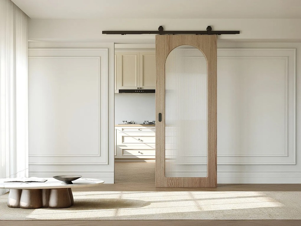 Drzwi przesuwne naścienne z drewna i płyty MDF - łuk z karbowanego szkła hartowanego - W205 x S83 cm - ODEZA