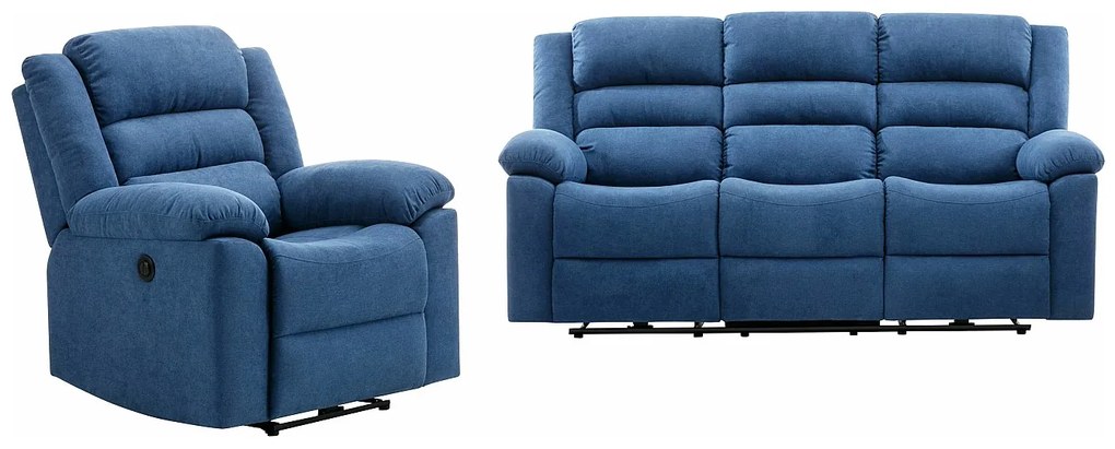 Kanapa 3 osobowa i fotel z funkcją relax elektryczny z niebieską tapicerką - BUROLO
