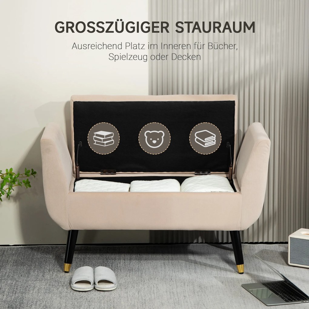 HOMCOM Tapicerowana ławka welurowa z podłokietnikami i miejscem do przechowywania beżowa 107x42x65 cm | Aosom PL