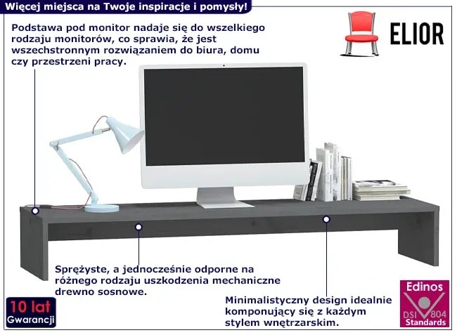 Szara podstawka pod monitor z drewna sosnowego - Rulando