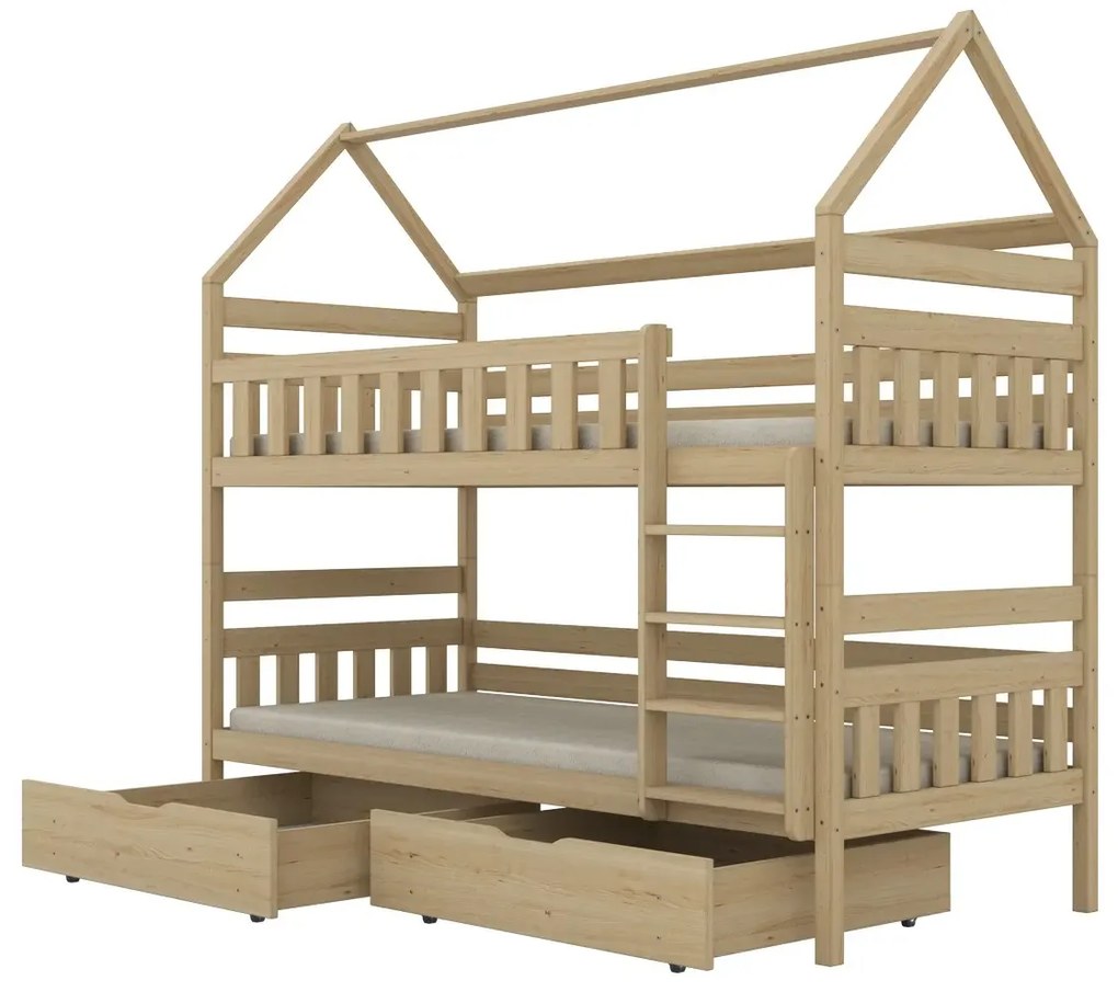Łóżko piętrowe domek FELIKS 200x80 sosna nielakierowana drewniane z szufladami KOCOT KIDS