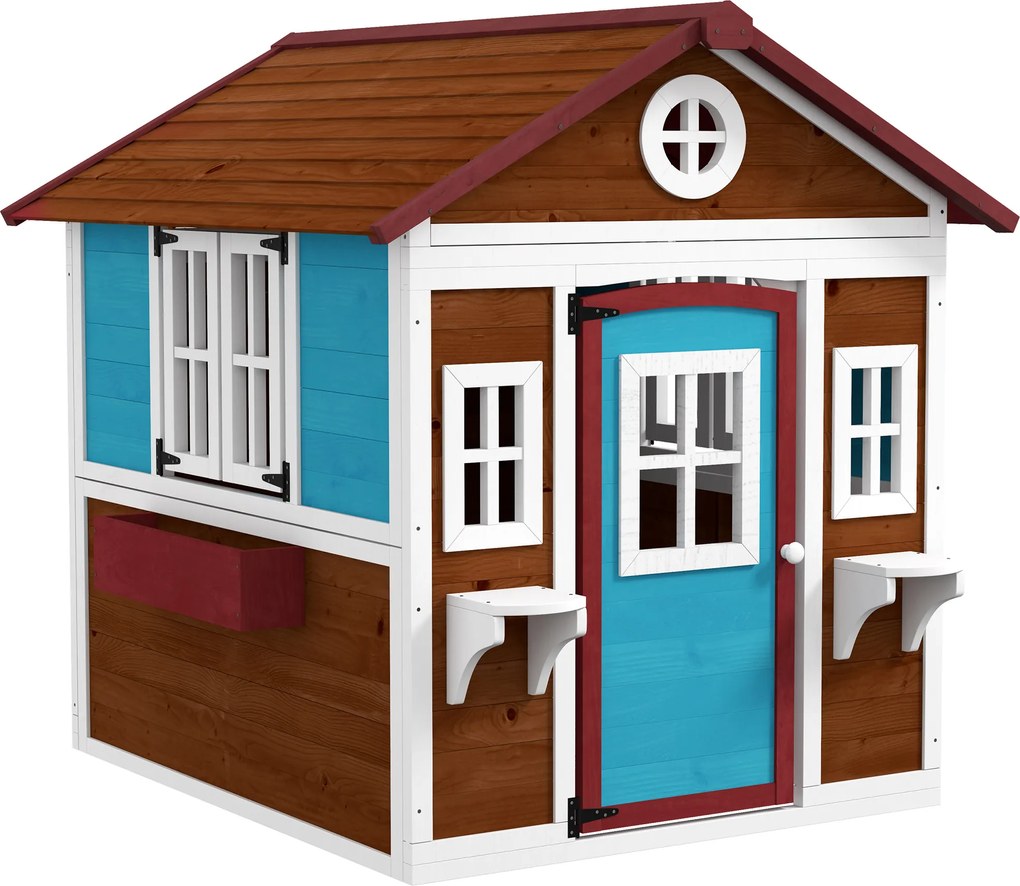 Outsunny Domek zabaw dla dzieci, Drewniany domek ogrodowy z oknami, doniczkami, na zewnątrz, 3-8 lat, Niebieski
