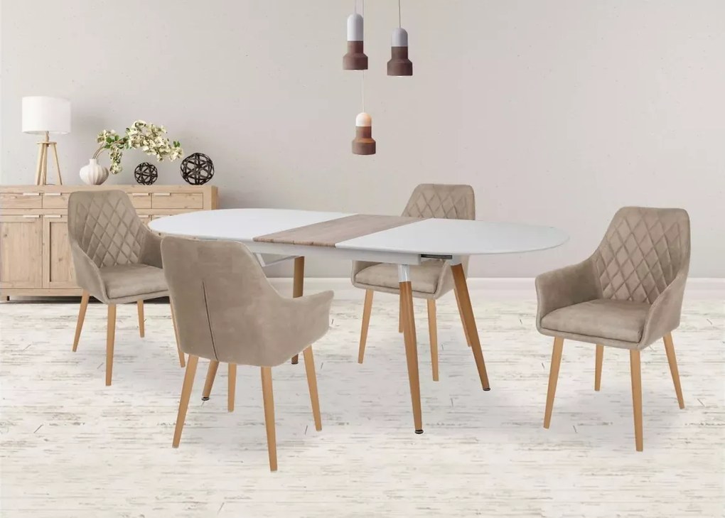 Nowoczesny stół Calipso półokrągły rozkładany 160-200 cm z białym blatem MDF i nogami ze stali w kolorze dąb san remo