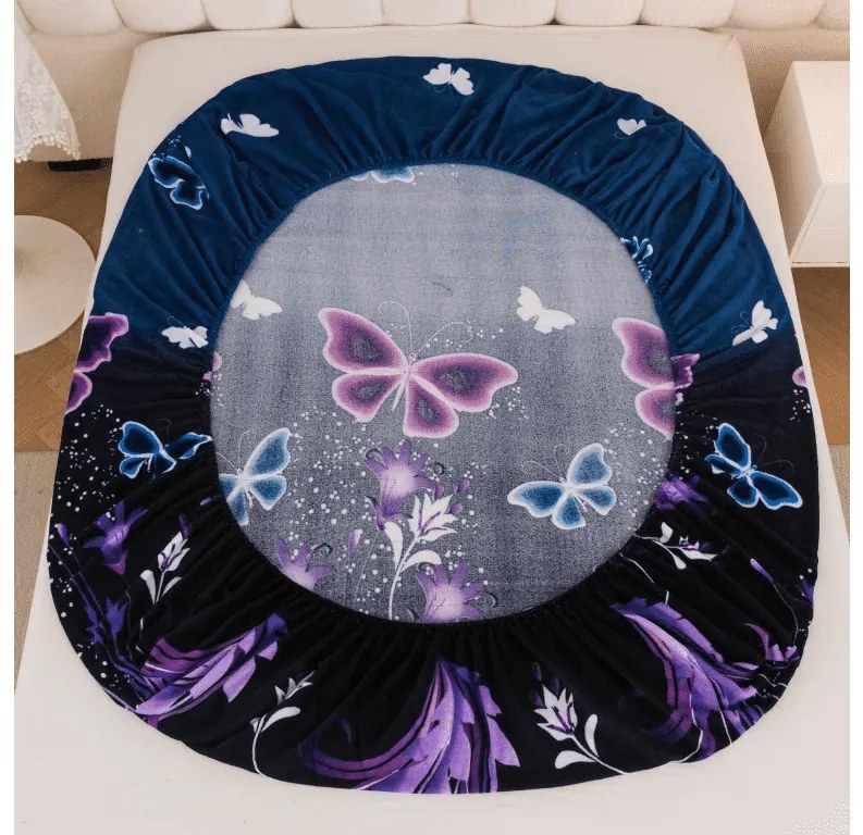 PrzytulneMieszkanie.pl Prześcieradło z mikropluszu VIOLET BUTTERFLY 160x200 cm ciemnoniebieskie