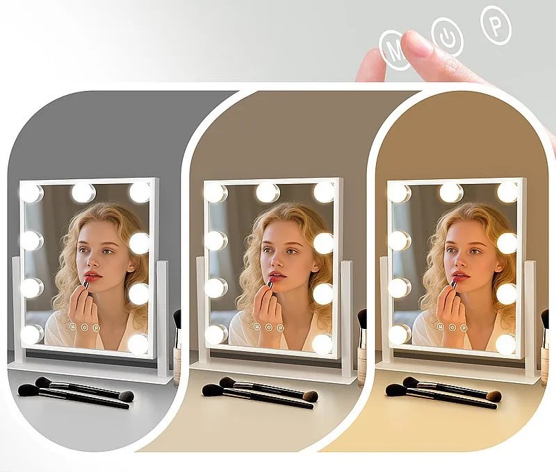 NETTLIFE Hollywood Mirror Podświetlane lusterko do makijażu - Lustro kosmetyczne z 9 diodami LED Małe lusterko kosmetyczne ze światłem obrotowym w 3 trybach