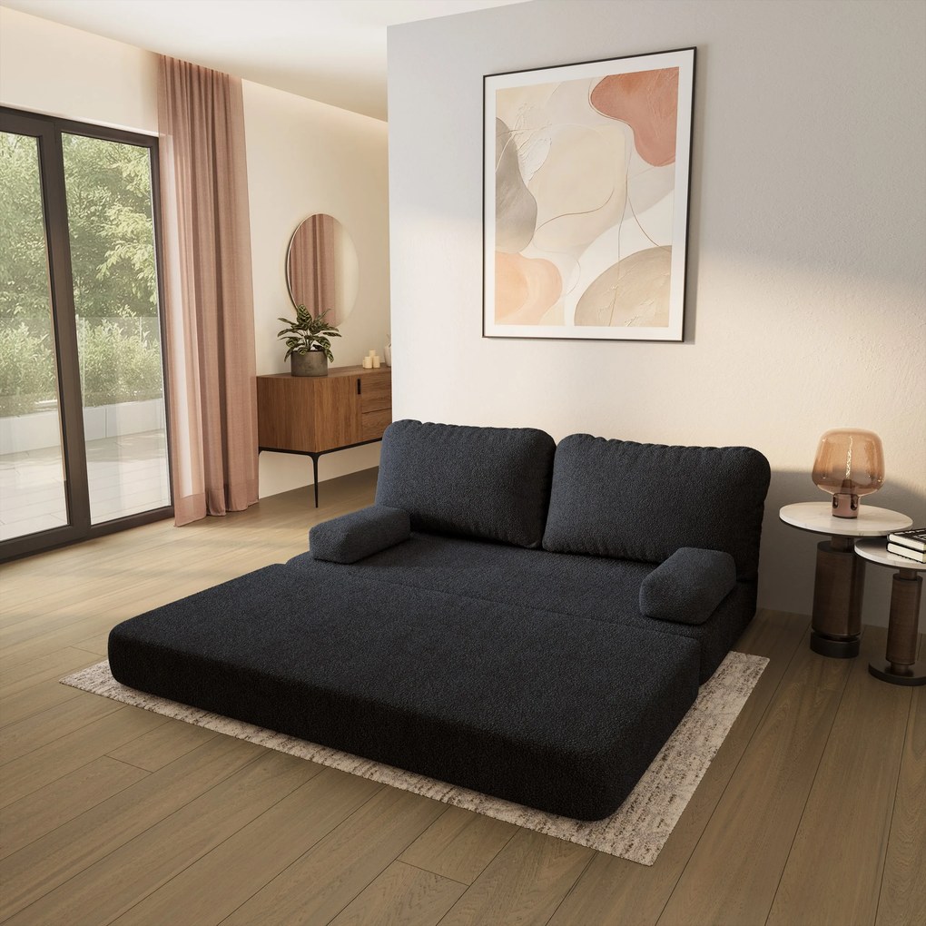 Masseno Sofa piankowa NIKSI z funkcją spania, Kanapa z pianki do salonu, Bezmontażowa, Tkanina bucle – Czarny QUELLE 100