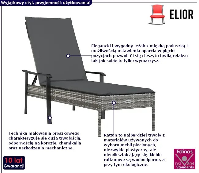 Leżak technorattanowy z szarą poduszką - Roen