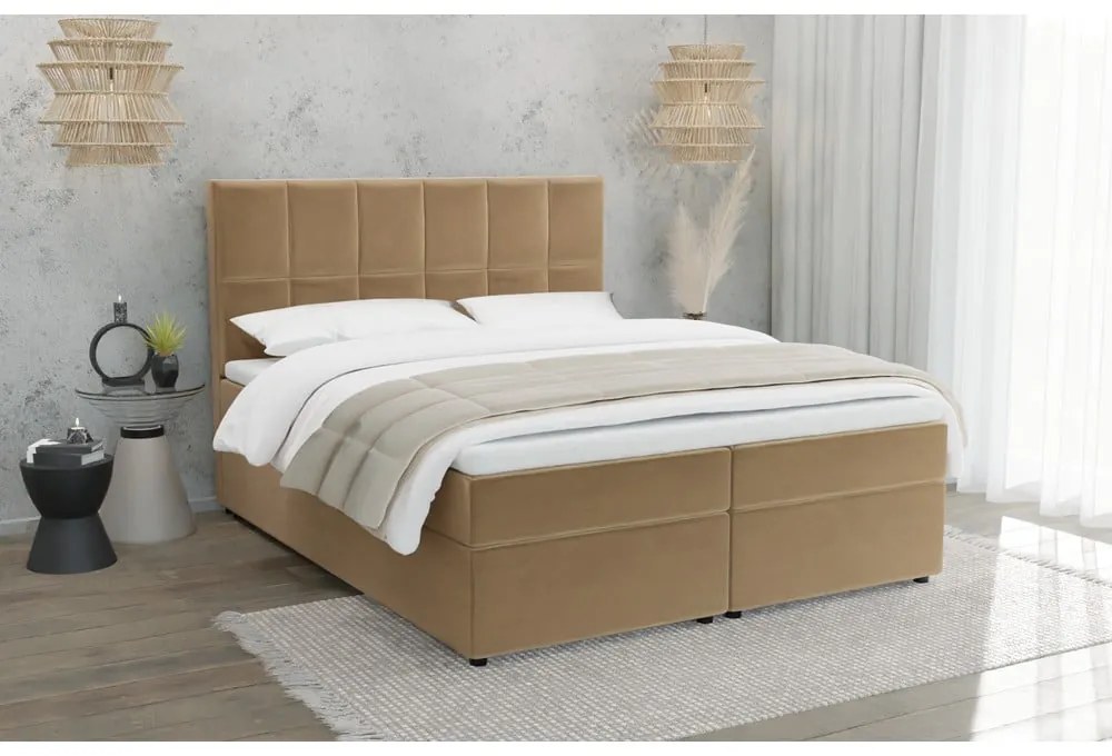 Łóżko boxspring ze schowkiem 140x200 cm w kolorze ochry Flip – Ropez