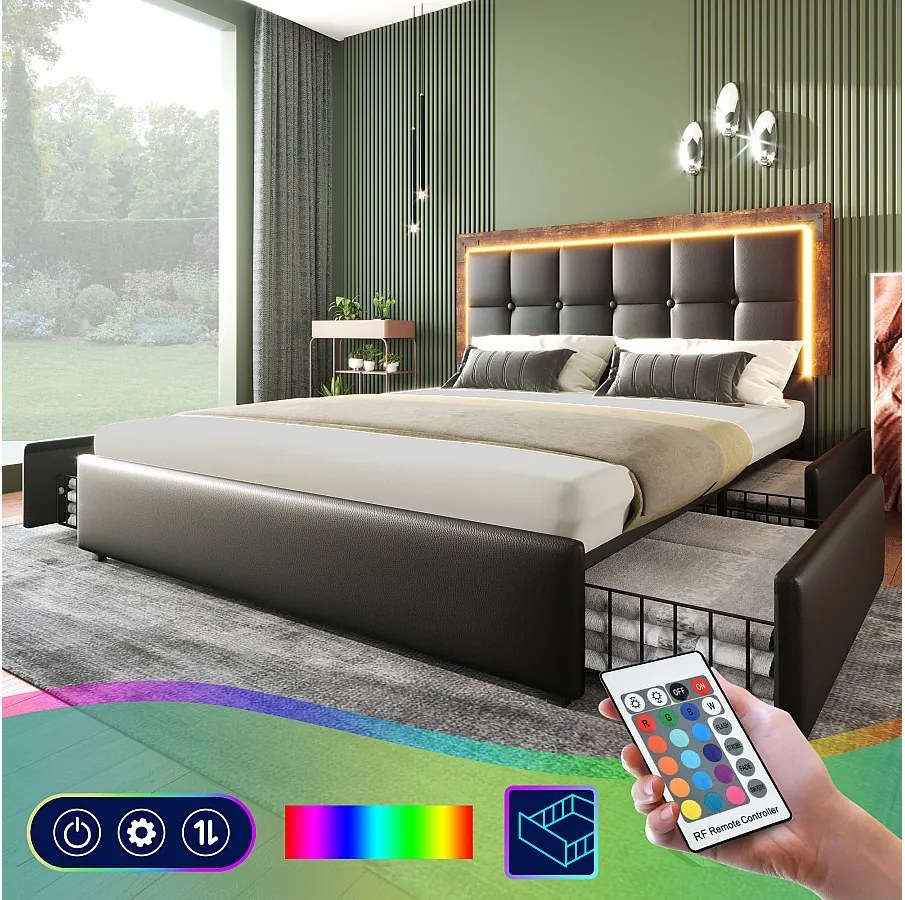 Łóżko tapicerowane 140 x 200 cm z 4 szufladami i regulowanym wezgłowiem - LED - skóra ekologiczna - czarne (bez materaca)