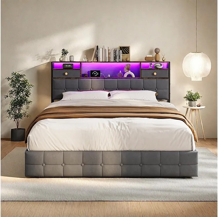 Łóżko z pojemnikiem hydraulicznym z oświetleniem LED - 140 x 200 cm - Port ładowania USB i 2 szuflady - Aksamit - Szary