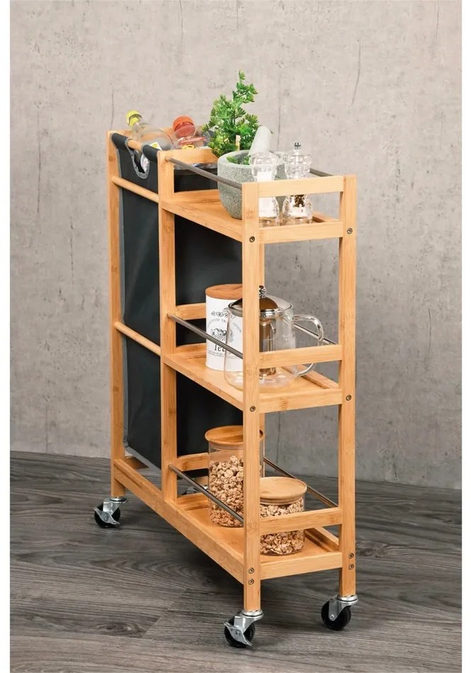 Kesper 24857 Regał na kółkach z koszem na butelki,bambus, 78 x 20 x 68 cm