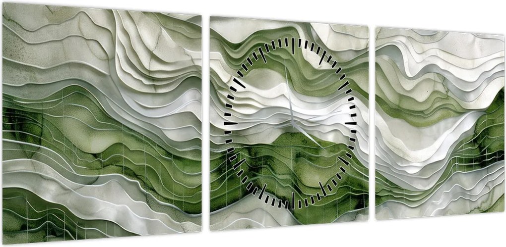 Obraz - Zielone i białe zmarszczki (z zegarem) (90x30 cm)