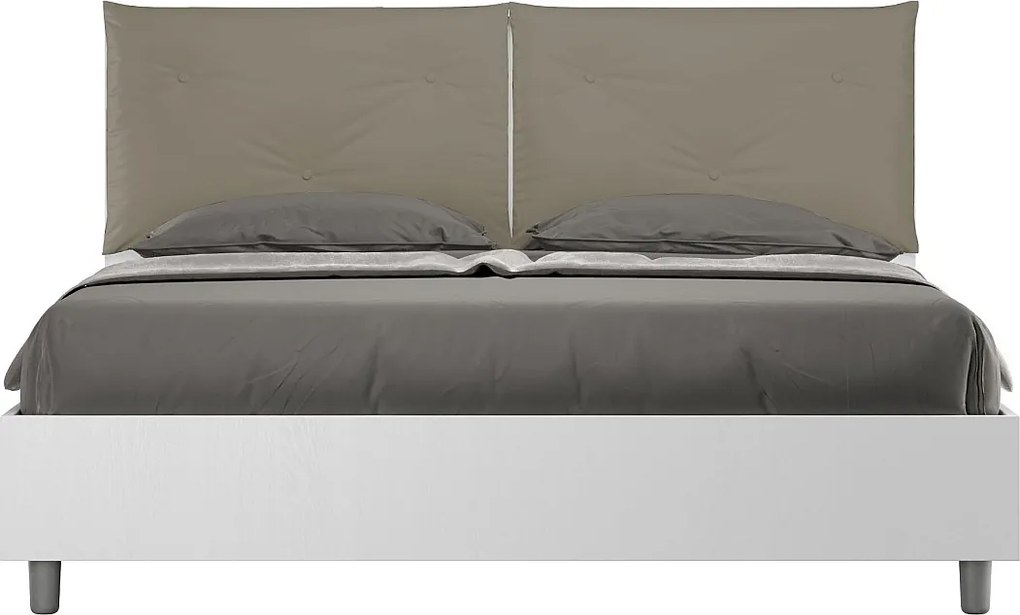 Łóżko podwójne z pojemnikiem, podnoszone, 160x190 cm, drewno jesionowe białe, poduszki ze skóry ekologicznej, kolor cappuccino Egos Appia