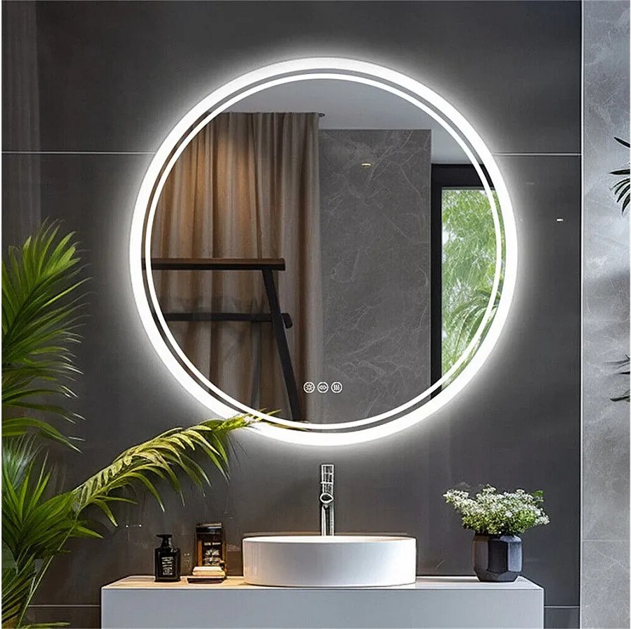 Okrągłe lustro łazienkowe LED, lustro ścienne z powłoką antyparową i 3 regulowanymi kolorami, 80x80 cm