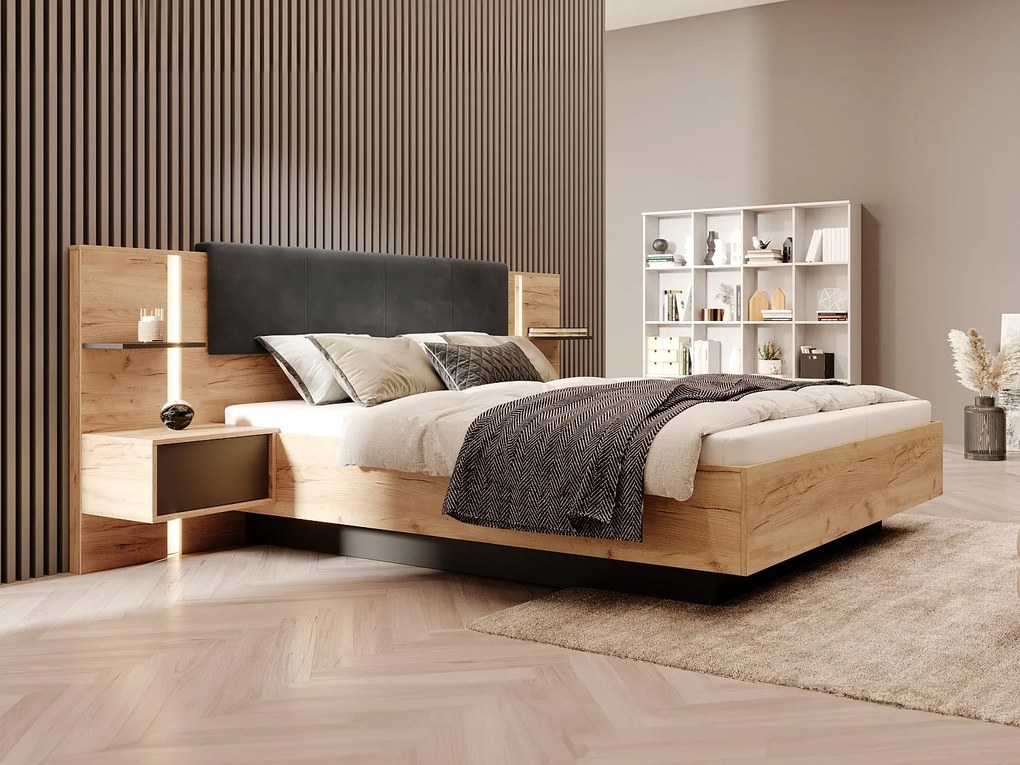 Łóżko ze skrzynią i szafkami nocnymi 160 x 200 cm - Z oświetleniem LED - Kolory: Naturalny i antracytowy + Materac - ELYNIA