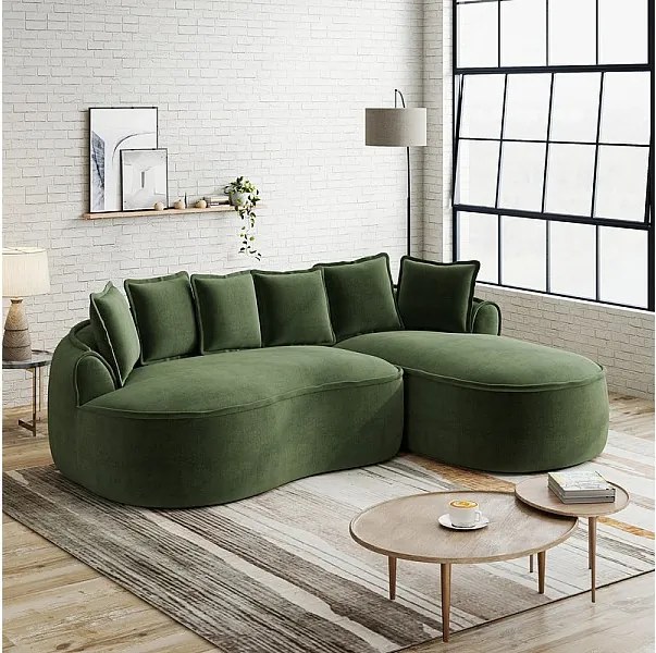Canapé d'angle droit modulable en tissu chenille vert, 3 places, avec 112cm méridienne, 252x164x67cm