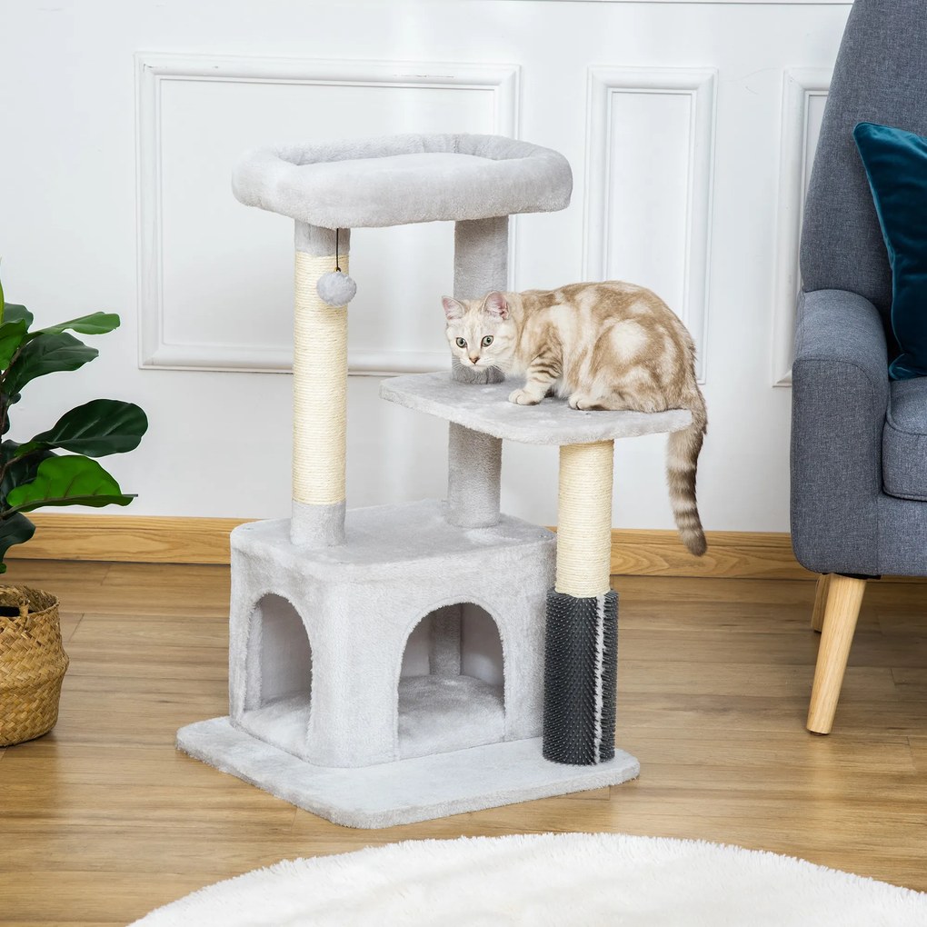 PawHut Drapak dla Kotów z Kącikiem do Masażu Jaskinią i Piłką Jasnoszary 48x48x80cm Kompleksowa Zabawa dla Twojego Kota | Aosom PL