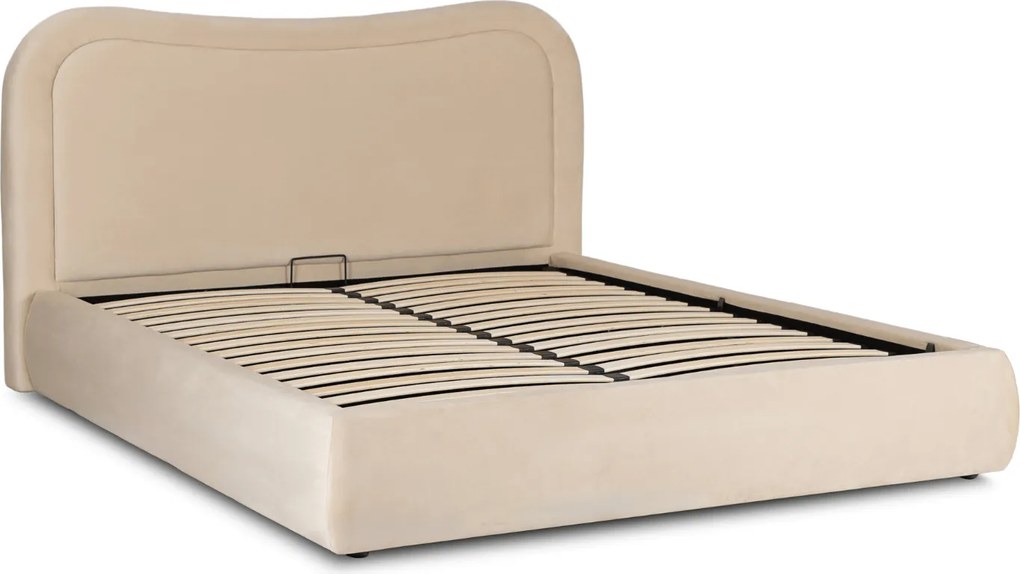 Łóżko Tapicerowane 160x200 cm HAGA ze Stelażem i Pojemnikiem Dwuosobowe Welurowe Kremowe