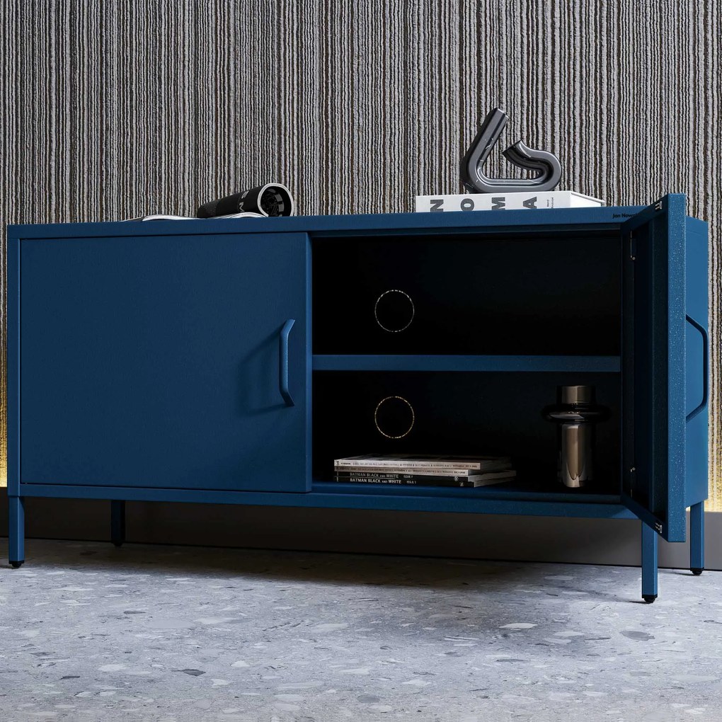 Szafka RTV metalowa na nóżkach granatowa Modern ROSA, 1150 x 595 x 400 mm